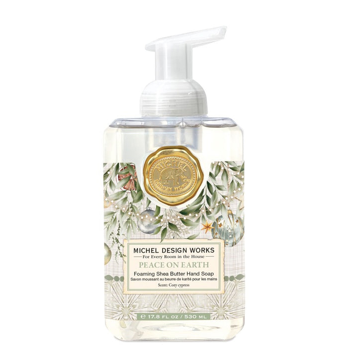 Foaming Shea Butter Hand Soap bottle with floral design and Michel Design Works branding on a white background.