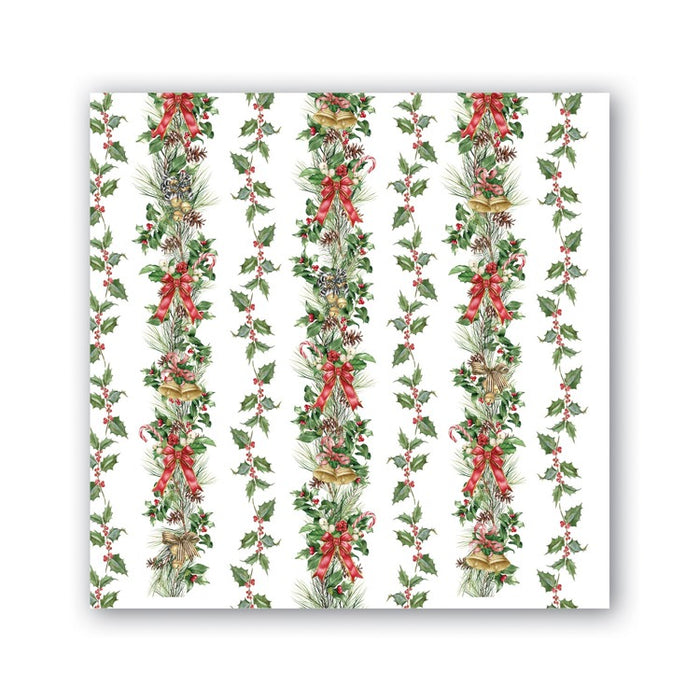 Christmas-themed paper with holly leaves, red ribbons, and gold berries on a white background