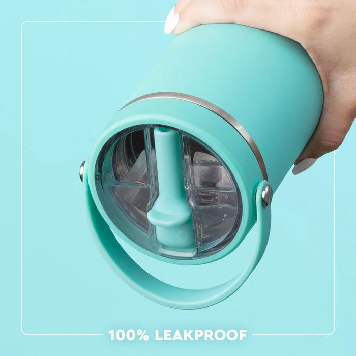 Turquoise tumbler with a clear lid held by a hand on a light blue background, featuring '100% Leakproof' text.