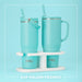 Two turquoise mugs with straws on a white stand against a light blue background