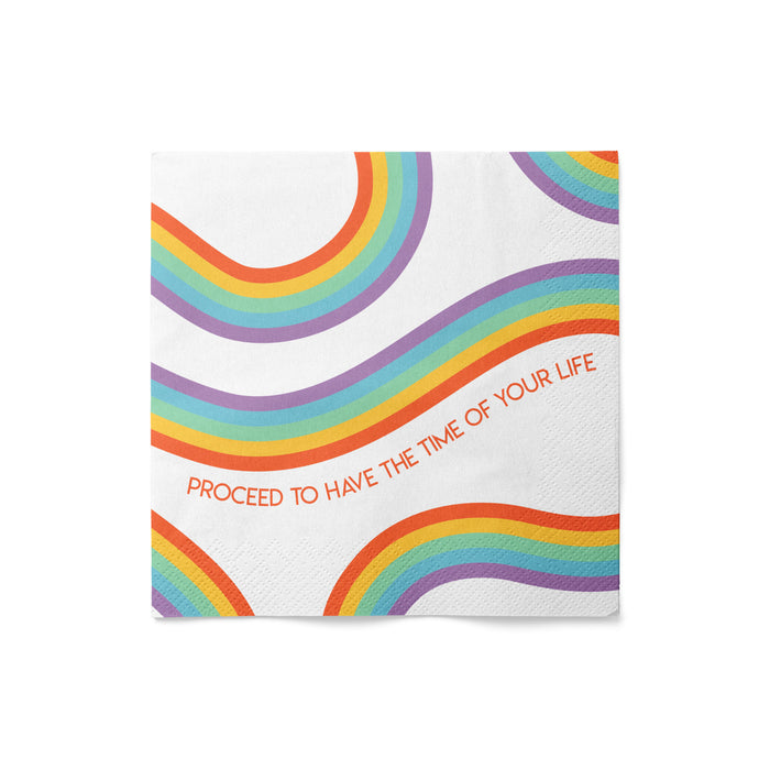 Card with rainbow design and text on a white background