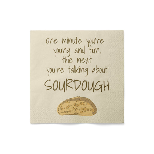 Beige napkin with sourdough bread illustration and humorous text on a white background
