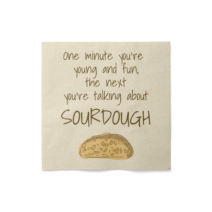Beige napkin with sourdough bread illustration and humorous text on a white background