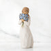White figurine of a woman holding blue flowers on a white background