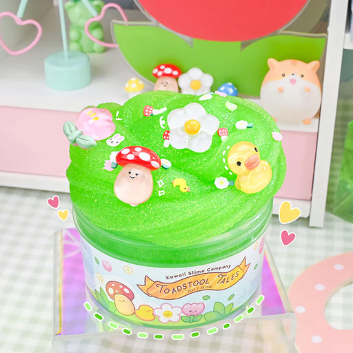 Green slime container with cute decorations on a colorful background