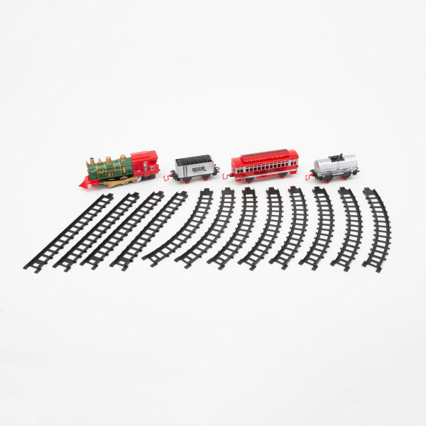Toy train set with tracks on a white background