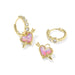 Gold hoop earrings with pink heart charms on a white background