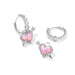 Silver hoop earrings with pink heart charms on a white background