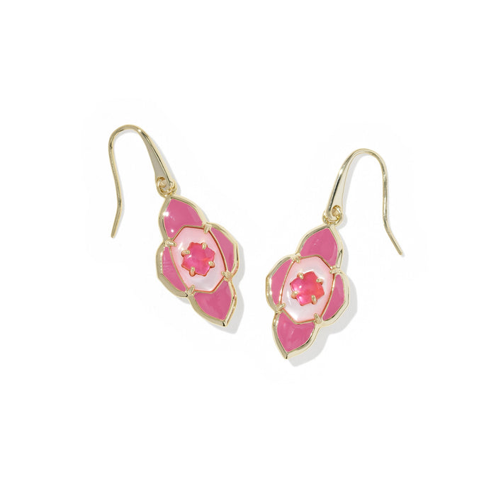Kendra Scott Abbie Medallion Gold Small Drop Earrings in Hot Pink Mix