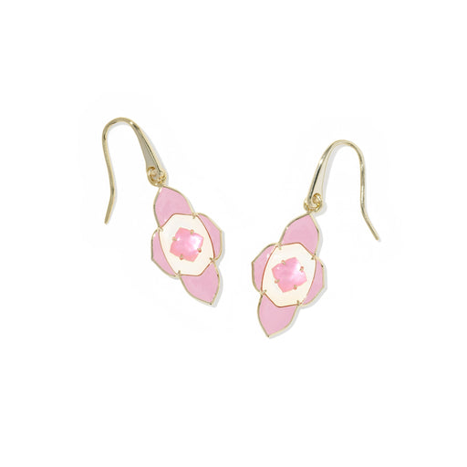 Pair of pink floral earrings with gold accents on a white background