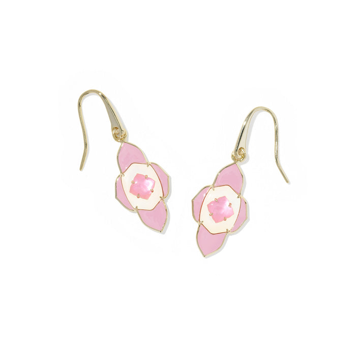 Pair of pink floral earrings with gold accents on a white background