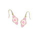 Pair of pink floral earrings with gold accents on a white background