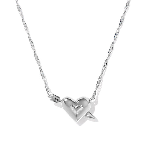 Silver necklace with a heart-shaped pendant on a white background