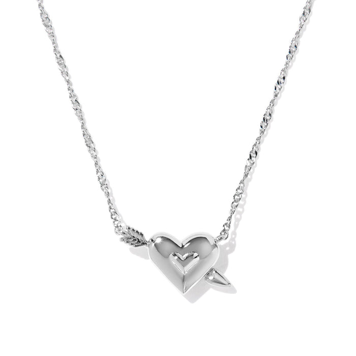 Silver necklace with a heart-shaped pendant on a white background