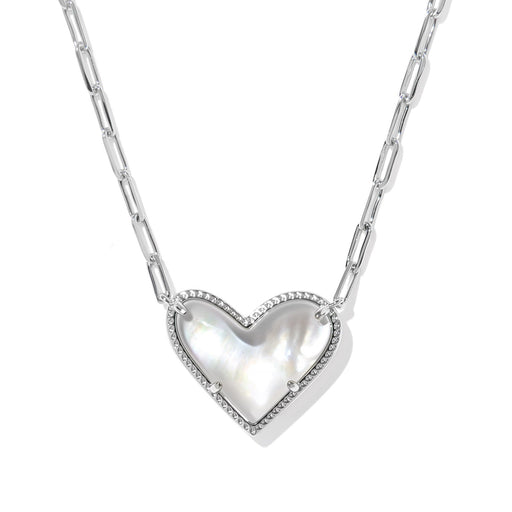 Silver heart-shaped pendant necklace on a white background