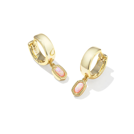 Kendra Scott Mini Ellie Gold Wide Huggie Earrings in Light Pink Lab Grown Opal