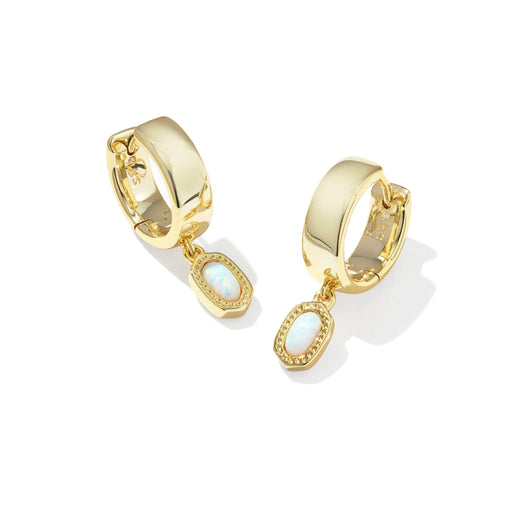 Kendra Scott Mini Ellie Gold Wide Huggie Earrings in Bright White Lab Grown Opal