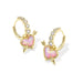 Gold hoop earrings with pink heart and arrow design on a white background