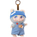 Plush toy with blue headband and overalls on a white background