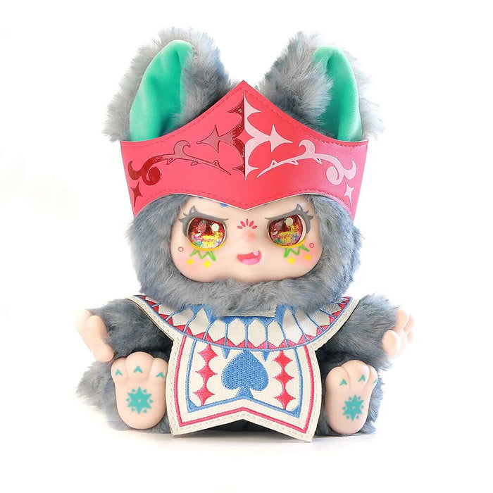 Toy figure with a red crown and colorful design on a white background
