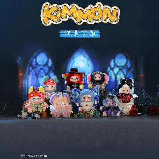 Collection of colorful figurines with 'Kimmon' branding against a dark background with stained glass windows.