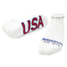 White ankle socks with 'USA' in red and blue on a white background