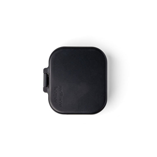 Black square object with a brand logo on a white background