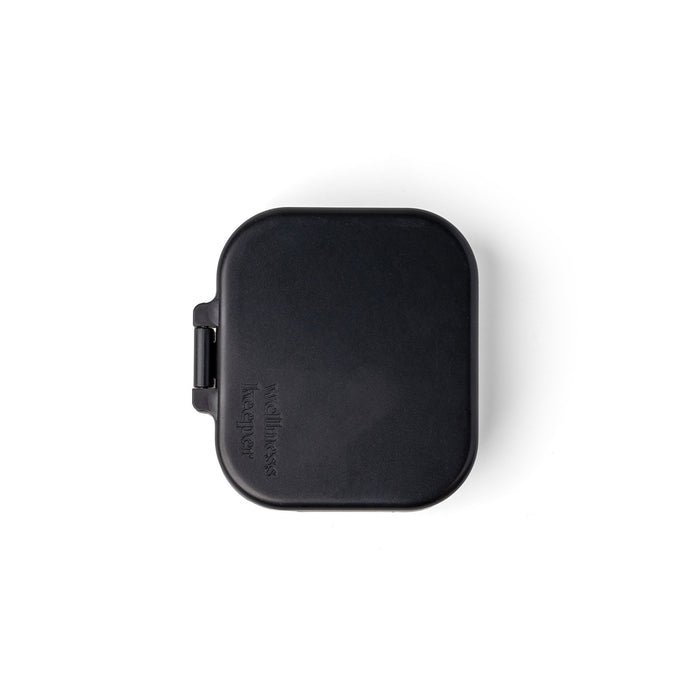 Black square object with a brand logo on a white background