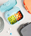 Small blue container with colorful capsules on a light gray background