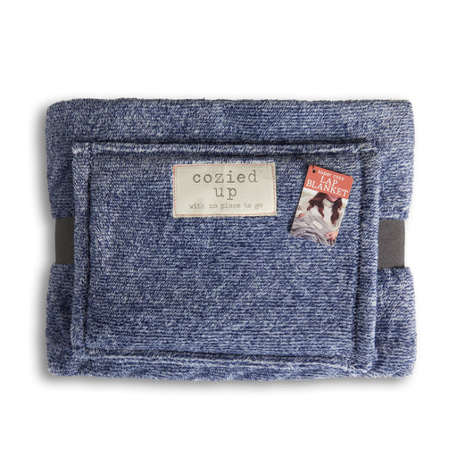 Blue pet blanket with 'cozied up' label and tag on a white background