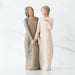 Two figurines holding hands on a white background