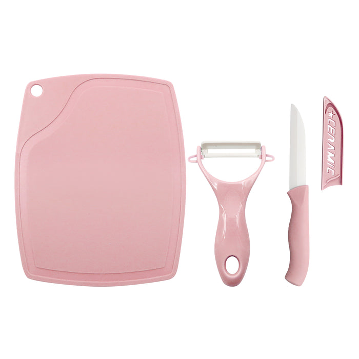 3pcs Pink Ceramic Fruit Knife, Candy Color Cutting Board, Peeler