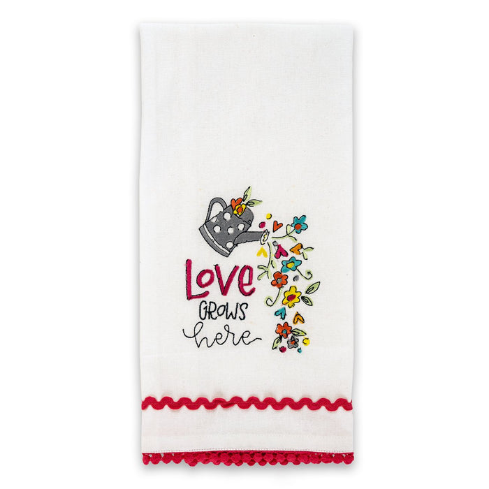 Love Grows Here Embroidered Tea Towel