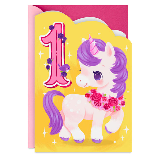 Sparkles and Rainbows Cute Unicorn First Birthday Card