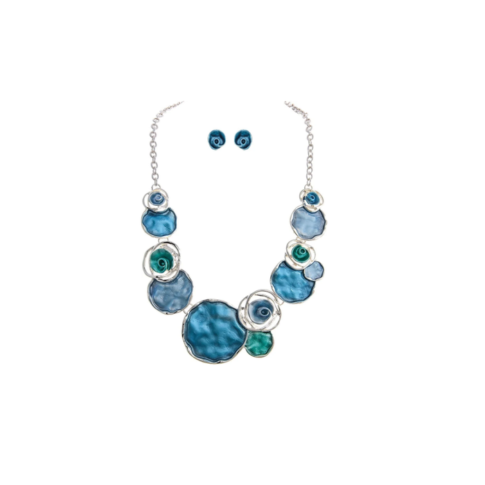 Silver & Blue Circle and Posy Bib Necklace & Earrings Set