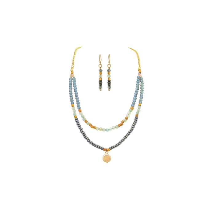 Gold, Blue & Freshwater Pearl Layered Necklace & Earrings Set