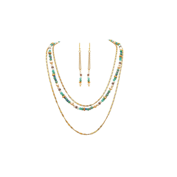 Gold & Blue Bead 3 Layered Necklace & Earrings Set