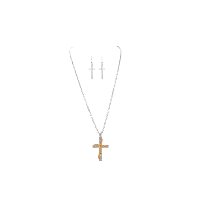 Two Tone Cross Necklace & Earrings Set