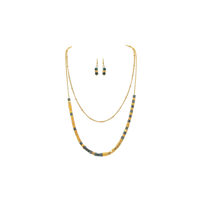 Gold & Lapis Blue Layered Necklace & Earrings Set