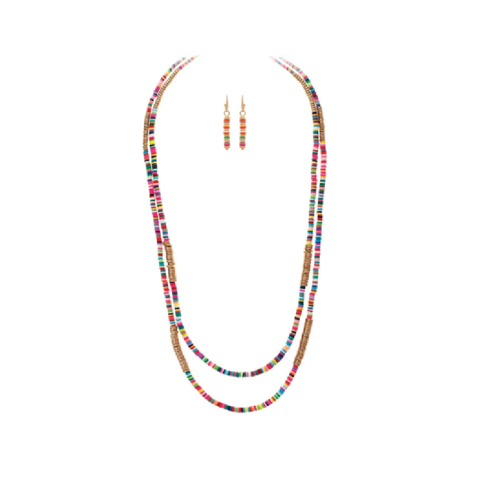 Multi Faux Heishe Beaded Two Row Necklace & Earrings Set