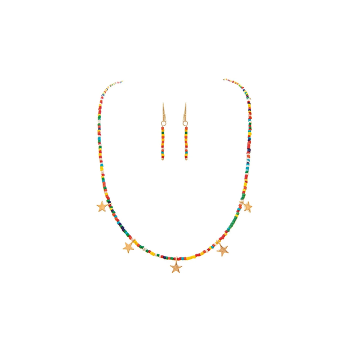 Gold Star Charm & Multi Seed Bead Necklace & Earrings Set