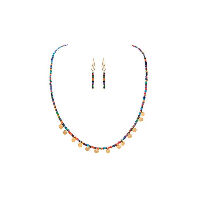 Gold Circle Charm & Multi Seed Bead Necklace & Earrings Set