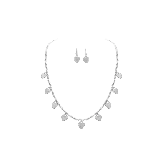 Silver Seed Bead & Heart Charm Necklace & Earrings Set