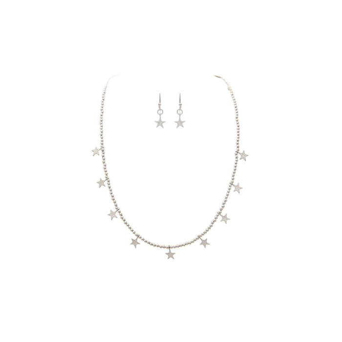 Silver Seed Bead & Star Charm Necklace & Earrings Set