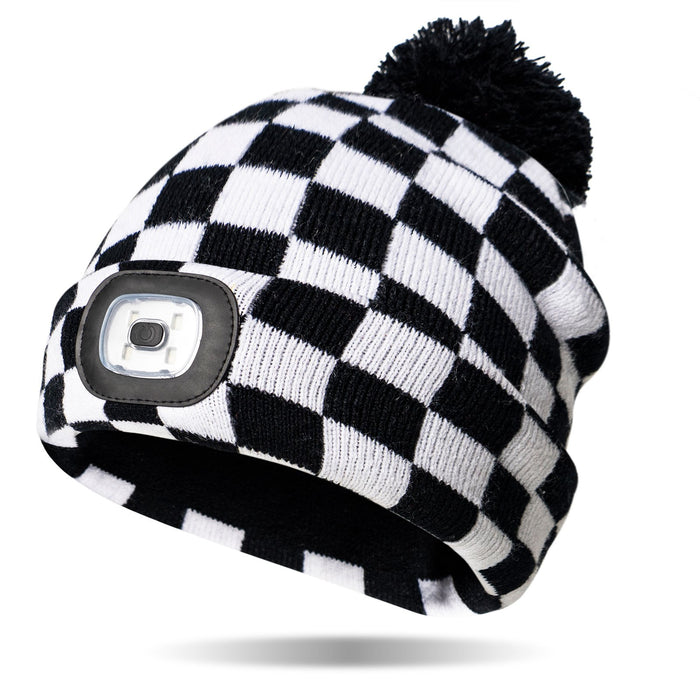 Night Scope Kids Hide & Seek Rechargeable LED Pom Hat race you there checkered black & white