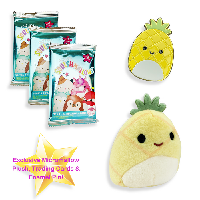 Maui the Pineapple Squishmallow Collector's Tin Bundle - Micromallow, Enamel Pin, 3 Packs Trading Cards